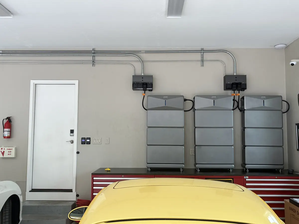Triple Anker SOLIX X1 battery stacks in Montgomery, OH garage